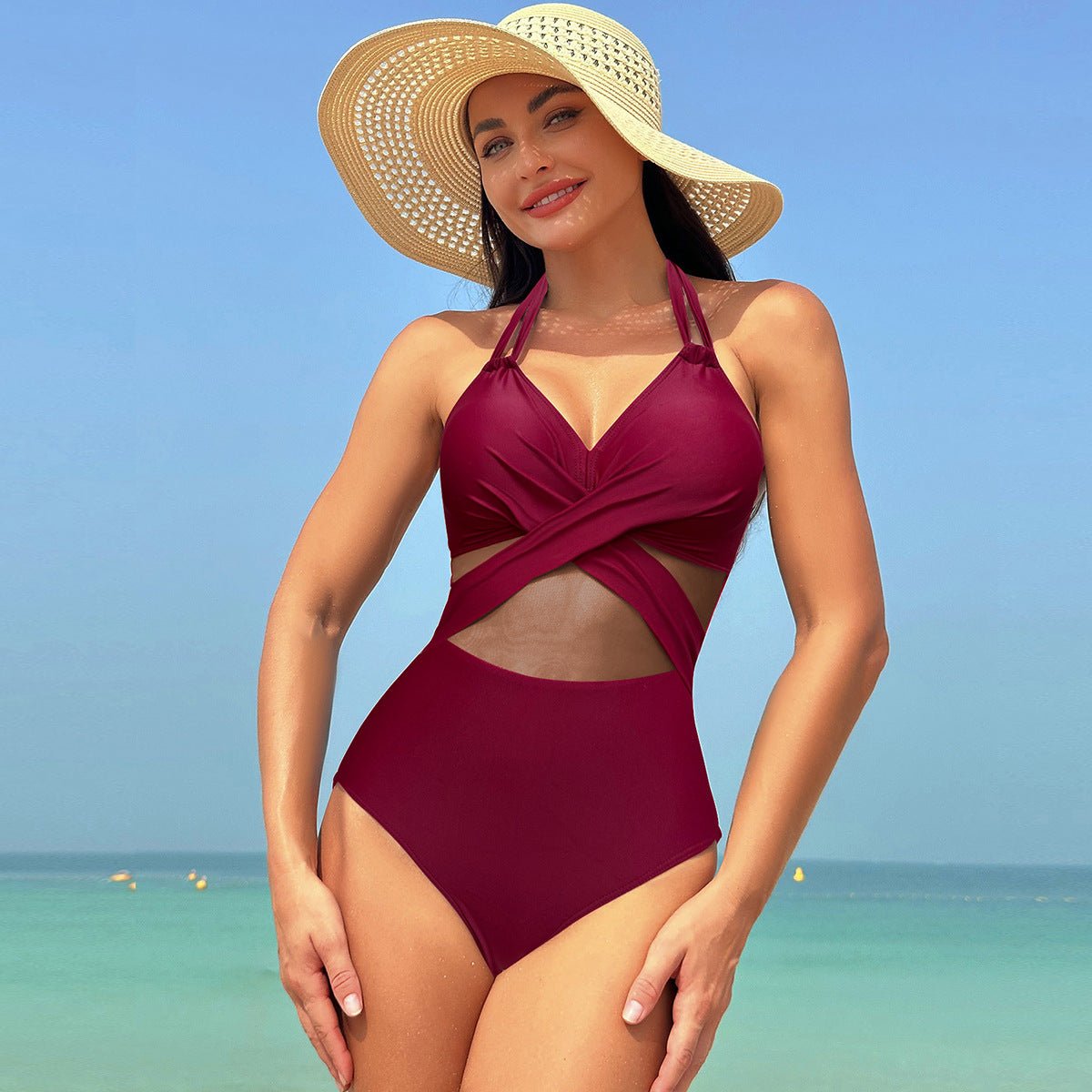 Halter-Neck Cross-Strap One-Piece Swimsuit - GRANTED STUDIOS