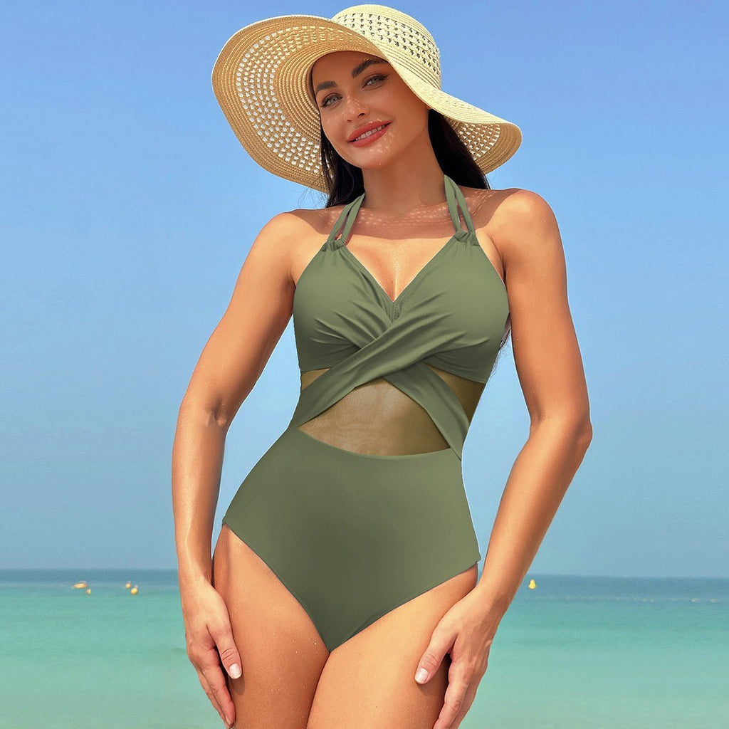 Halter-Neck Cross-Strap One-Piece Swimsuit - GRANTED STUDIOS