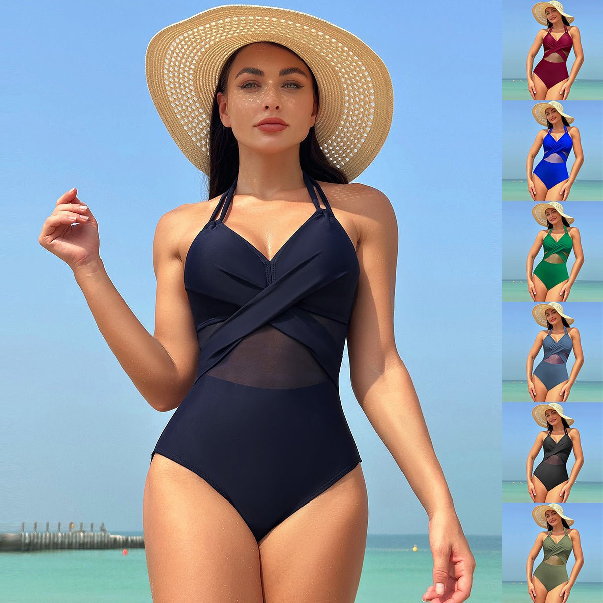 Halter-Neck Cross-Strap One-Piece Swimsuit - GRANTED STUDIOS