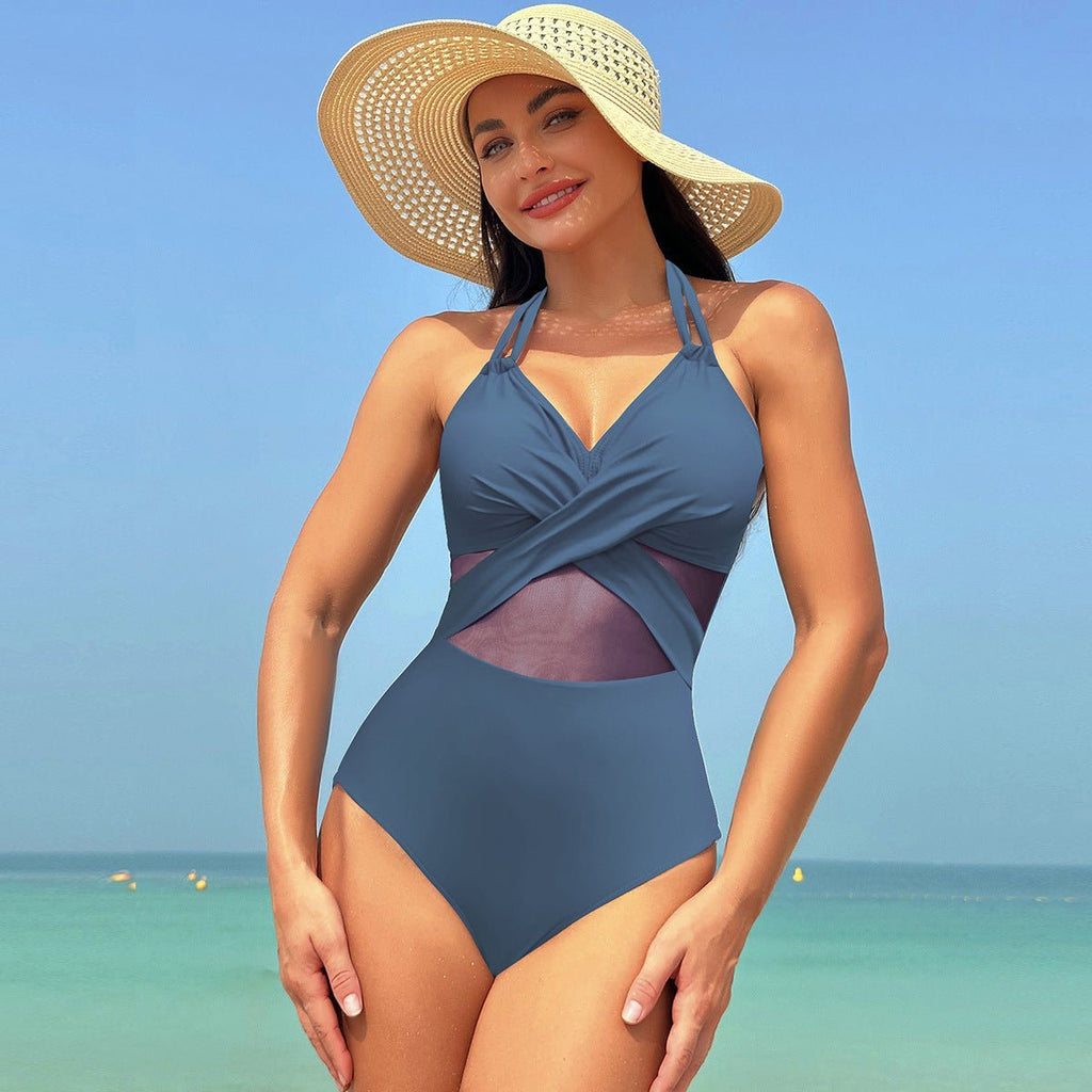 Halter-Neck Cross-Strap One-Piece Swimsuit - GRANTED STUDIOS
